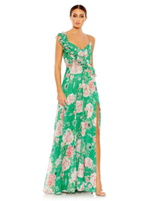 NEW, Mac Duggal Floral Print Ruffled Wrap Over A-Line Gown Multi SZ 18 #EP290