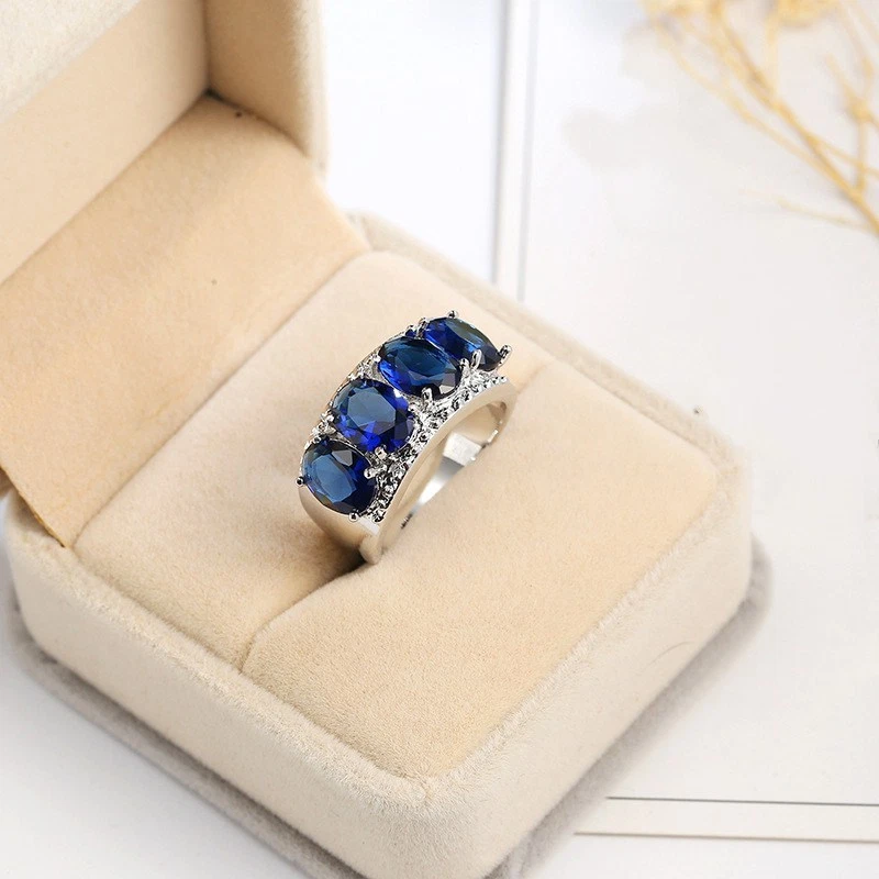 Alianza de piedra de circonita cúbica AAA de color azul para mujer anillo de boda relleno de oro blanco talla 6-10 Foto 3 de 4