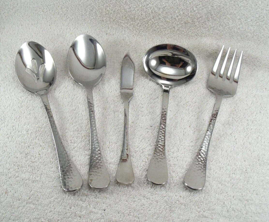 Lafayette Serving Set Spoon & Fork Ginkgo Hammered Stainless Flatware Ladle