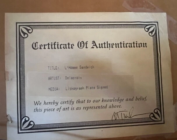 Arte litográfico firmado enmarcado Michel Delacroix "L'Homme Sandwich" París Francia Foto 4 de 4