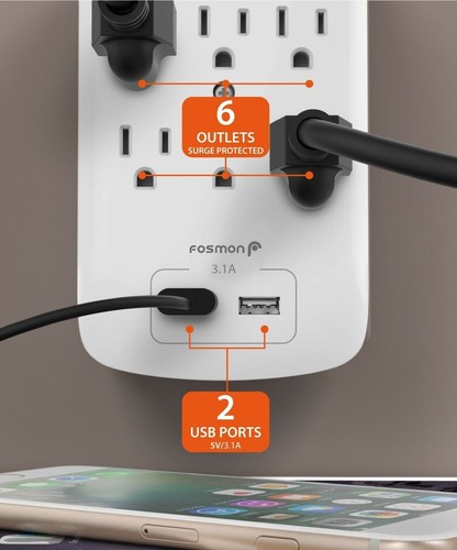 6 Outlet Extender 1200J Surge Protector 2 USB Charger Ports Wall Adapter Tap - Picture 4 of 8