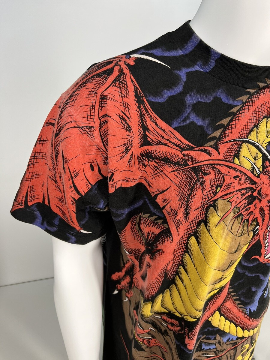 Vintage DRAGON KNIGHT T SHIRT LIQUID BLUE 1993 ALL OVER PRINT metal/dungeons XL