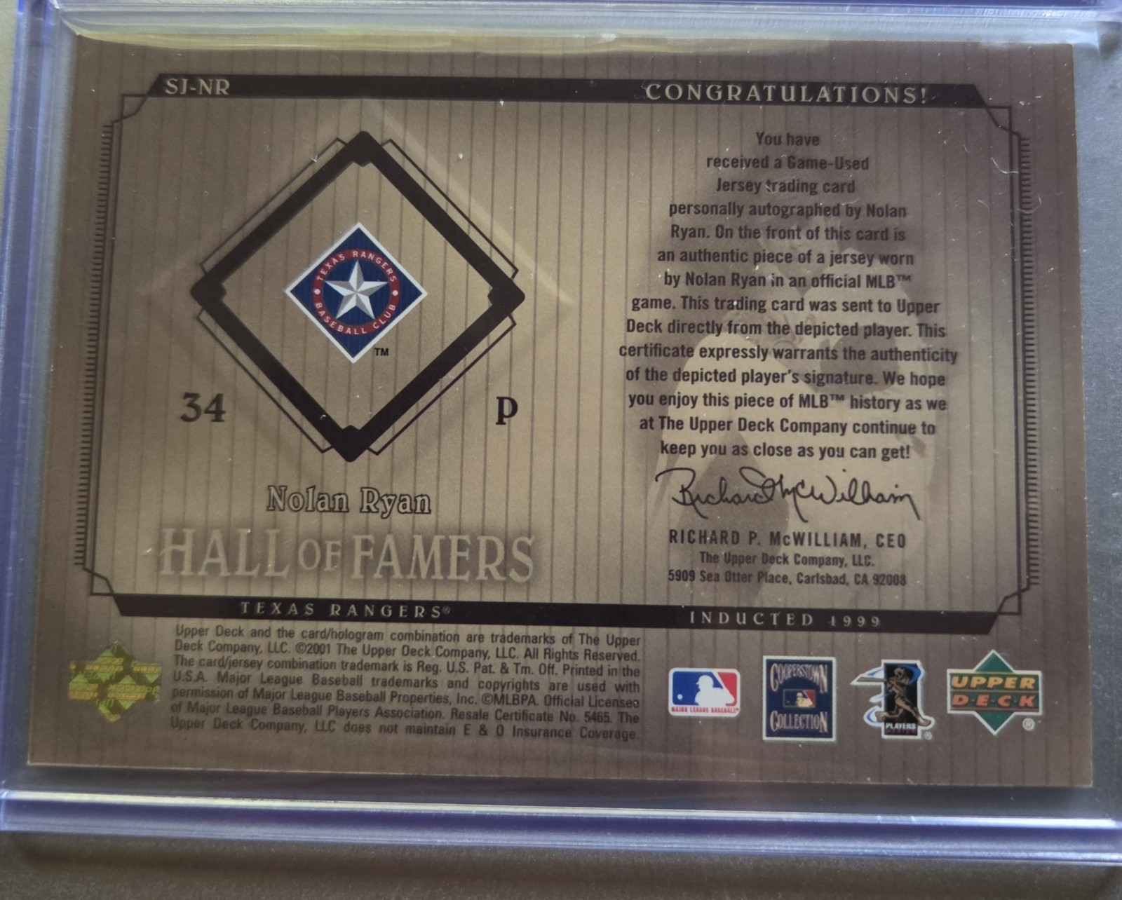 2001 UD Hall Of Famers Nolan Ryan Cooperstown Collection on card GU Jersey-Auto view 5