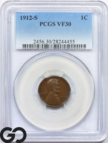 1912-S Lincoln Cent Wheat Penny PCGS VF 30 ** Better Date!