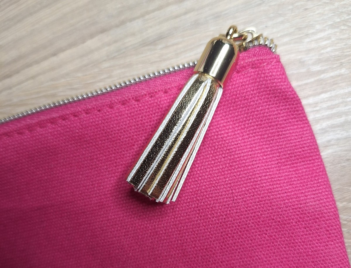 tarte Pink Fabric Zipper Makeup Bag Gold Tassel “I wake up for makeup” View 3
