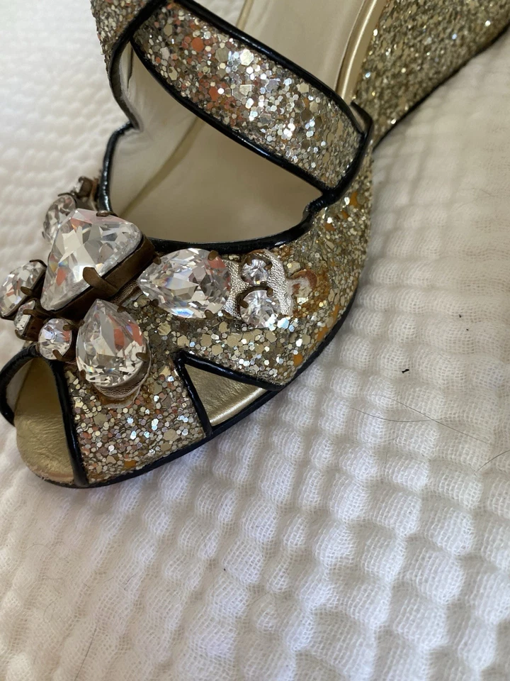 Tacones de cuña vintage Mui Mui dorado gema brillo cuero 37 Foto 3 de 4