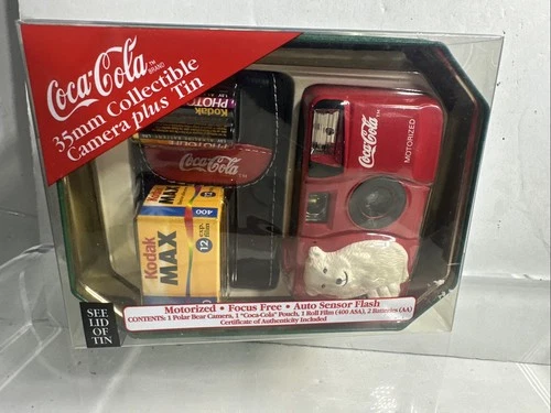 VTG Coca-Cola 35mm Collectible Motorized Focus Free Auto Flash Camera and Tin NW