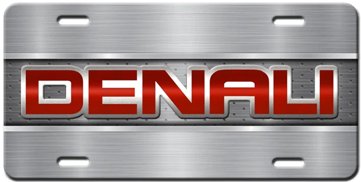 DENALI Inspired Art Aluminum Steel look Silver Red Car Vanity License Plate Tag - Picture 1 of 5