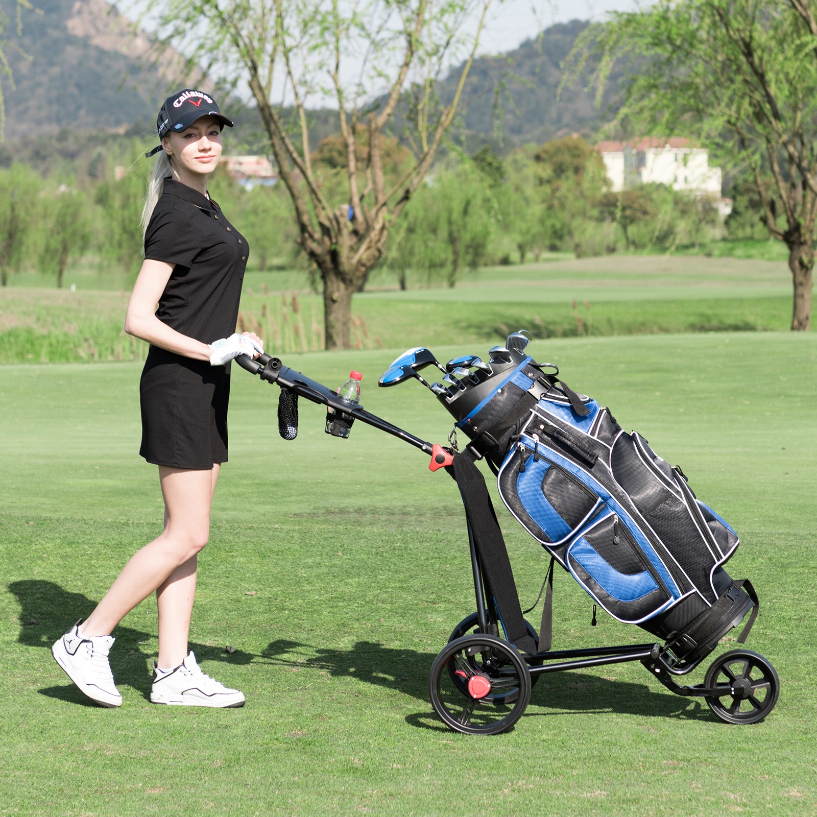 New Foldable 3 Wheel Golf Pull Push Cart Trolley Scorecard Drink Holder Mesh Bag