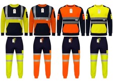 Hi Vis Fleece Tracksuit Crew Neck Sweatshirt Cargo Joggers Mens Reflective PPE