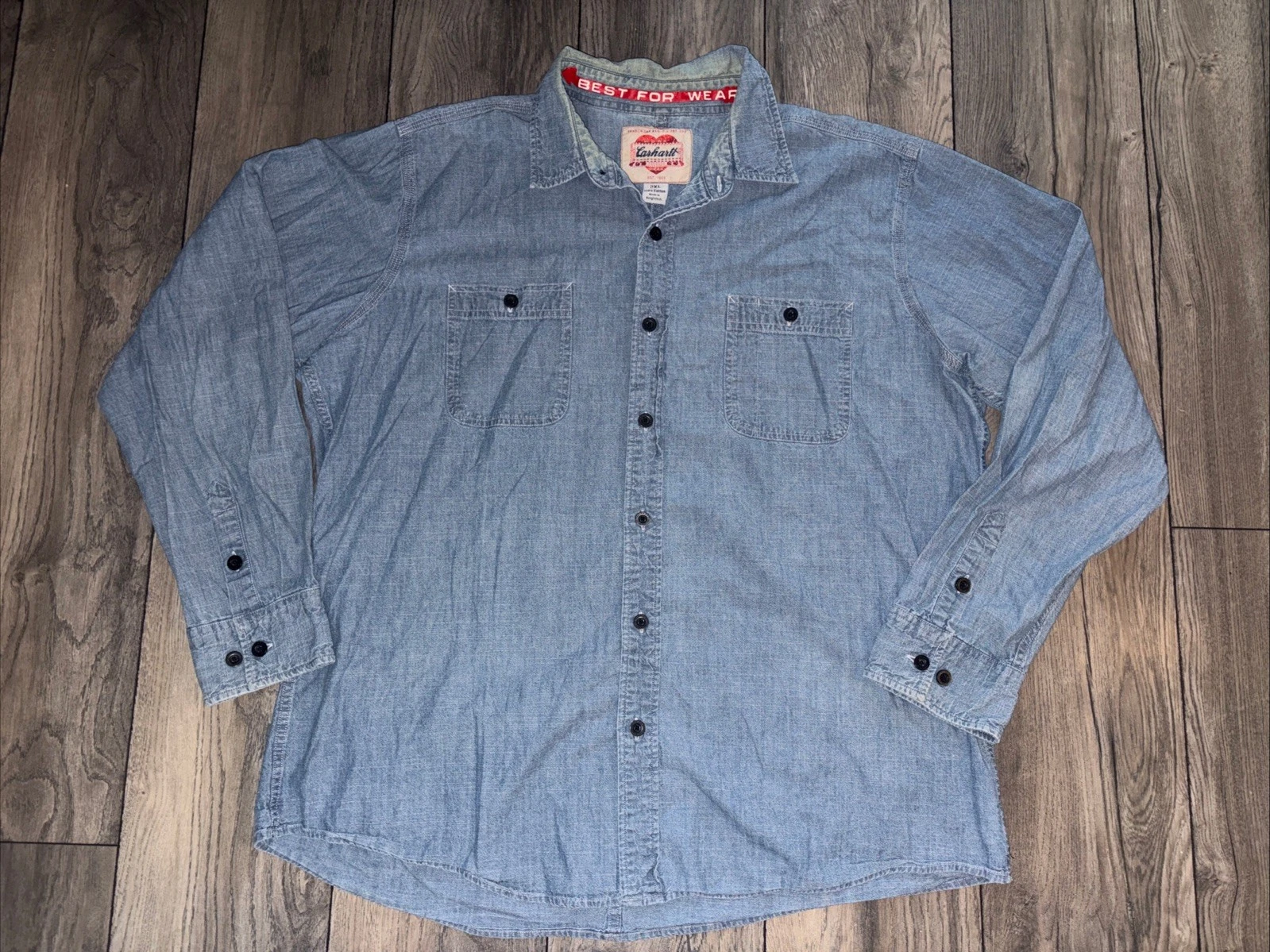 Carhartt Chambray Work Shirt VTG 2XL Demin Long Sleeve Button Up Heart Logo 60s