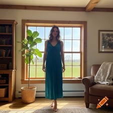 Long Slip Dress Teal V Neck Silk Blend Size M Vintage Made in USA Feminine