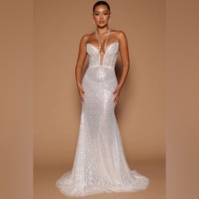 NWT Fashion Nova Luxe White Mellina Sequin Formal Jewel Maxi Gown Dress Large L