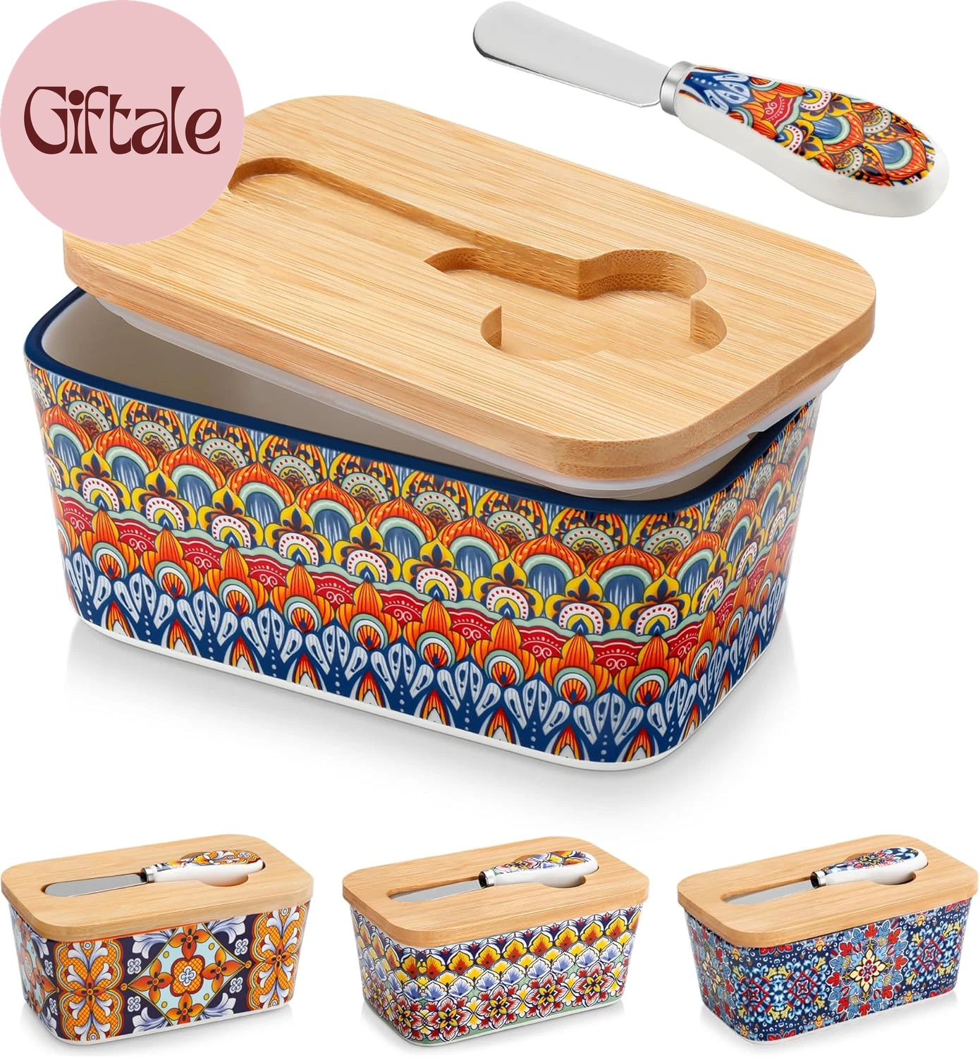 SIMI Butter Dish with Lid, 6.5" Large Butter Dish for Countertop, Bohemian Ceram