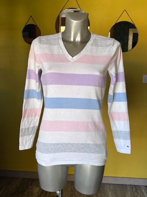 pull fin coton rayé pastel col V TOMMY HILFIGER taille S/P très bon état