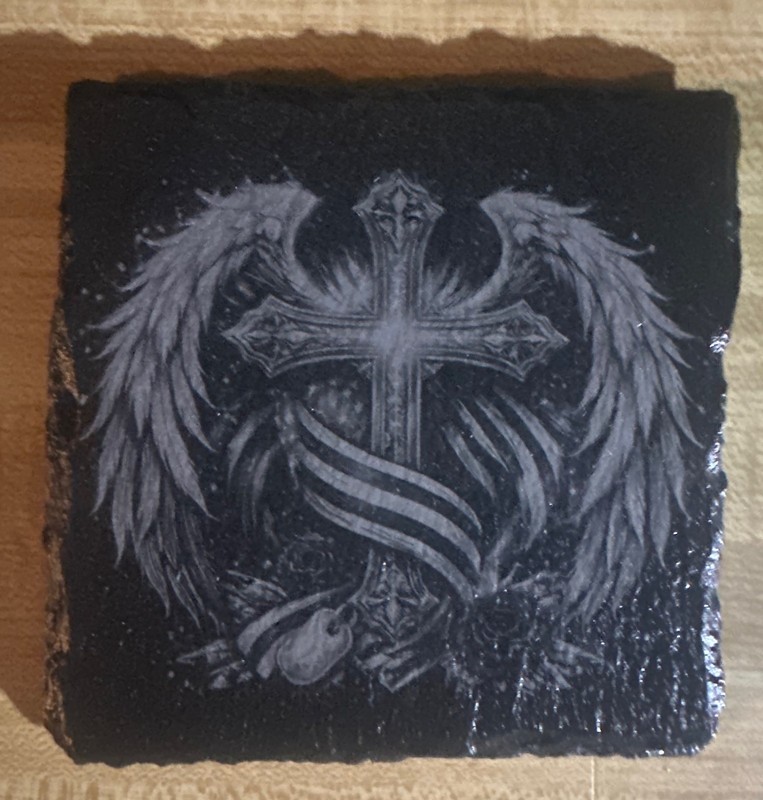 4 slate coasters religious, cross, wings, America, USA, laser etched