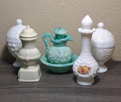 Lot of 5 Vintage Avon Milk Glass  Compote Candy Dish Perfume Bottles & Pitcher