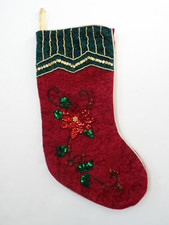 Dan Dee Red Velour Christmas Stocking Poinsettia Sequins Beaded Green Gold 18"