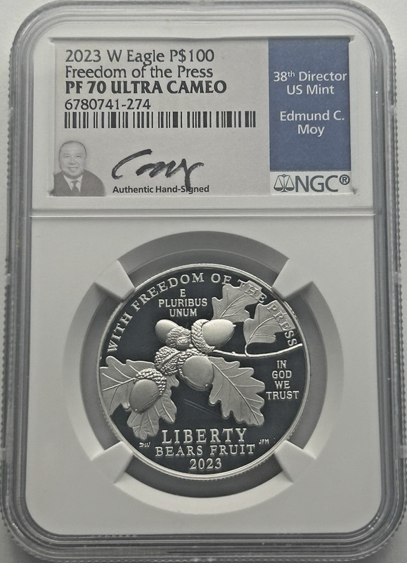 2023-W 1oz .9995 Platinum Eagle P$100 PF70 Ultra Cameo Freedom of the Press NGC
