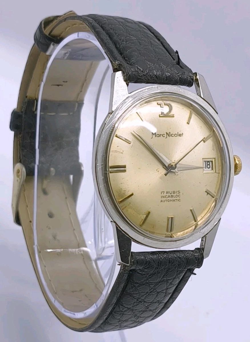 Montre Vintage Marc Nicolet 60s/70s - Mécanique Manuelle, Boîtier Acier, Cadran Noir, Bracelet Cuir, Occasion