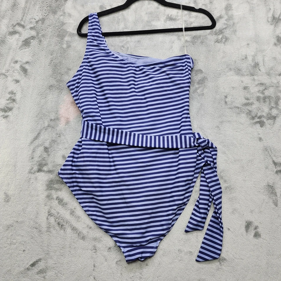 Traje de baño Jones New York para mujer XL púrpura a rayas un hombro lazo cintura una pieza Foto 3 de 4