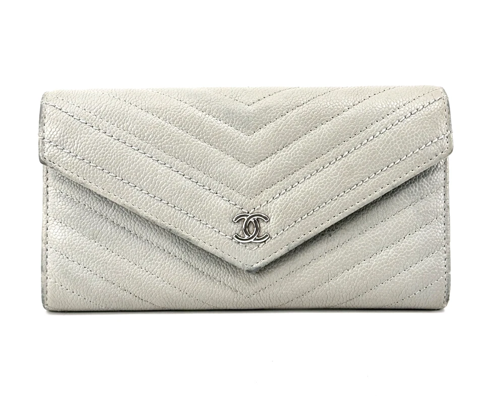 CHANEL Chevron Long Wallet V Stitch Caviar Skin Leather Gray Purse Authentic - Image 3 of 4