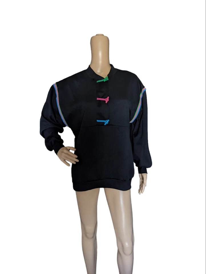 Винтажная черная толстовка 80-х с неоновыми полосками и застежкой на пуговицах Blair размер XL - Изображение 2 из 4