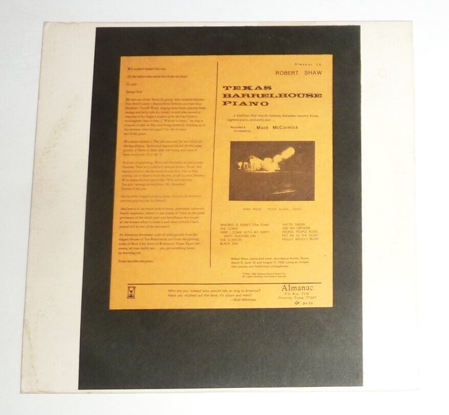 VINYL LP by ROBERT SHAW "TEXAS BARRELHOUSE PIANO" (1966) TEXAS & PIANO BLUES