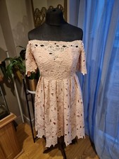 Boohoo Boutique Off Shoulder Pastel Light Pink Floral Lace Skater Dress - Sz 12