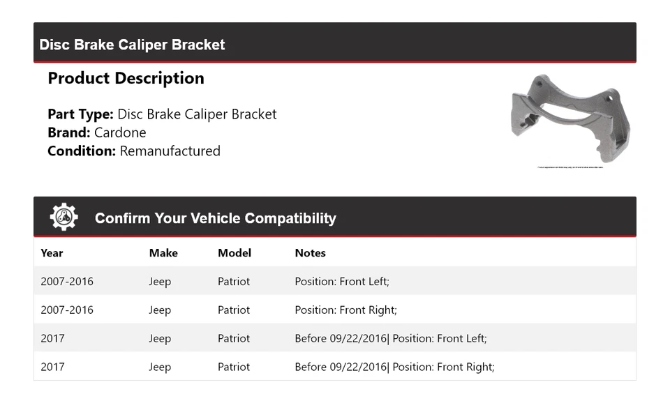 Soporte de pinza de freno de disco Cardone 2008 2009 2010 para Jeep Patriot 2007-2017 Foto 2 de 4