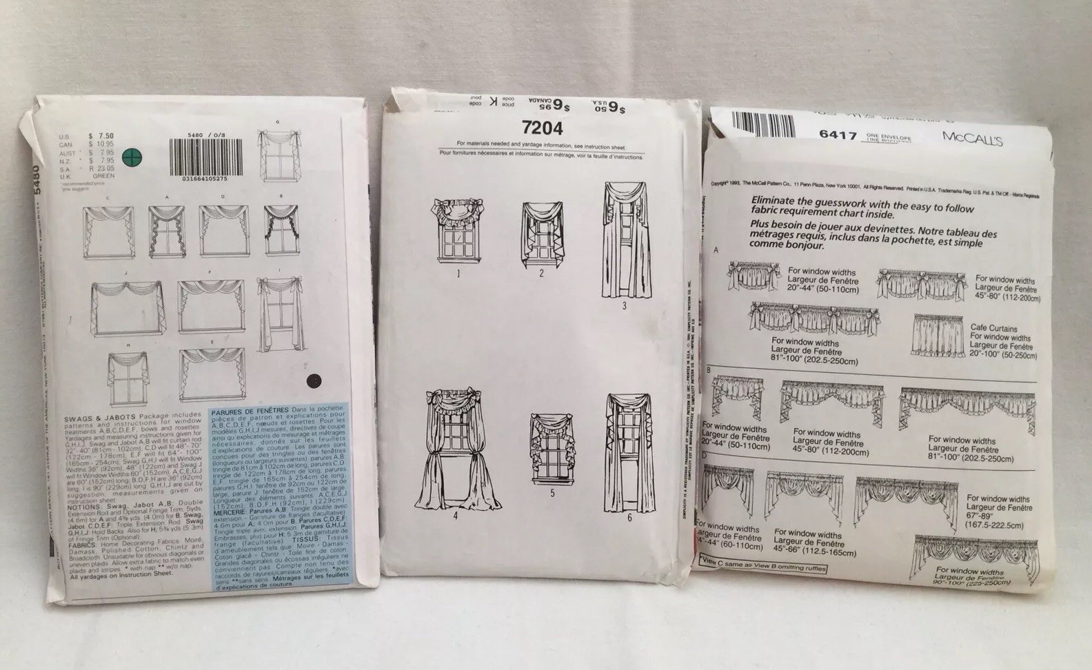 3 Vintage 1990's Pattern Window Treatments Butterick Jabot Swag Cafe