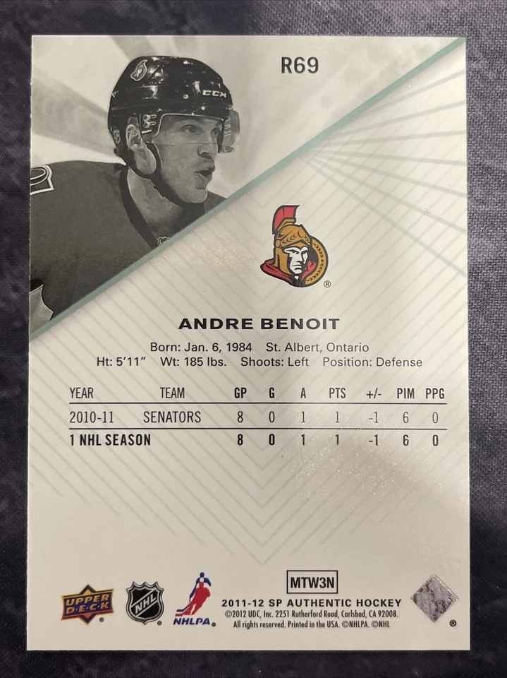 2011-12 SP Authentic Rookie Extended R69 Andre Benoit Ottawa Senators  - Image 2 of 2