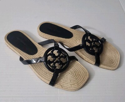 TORY BURCH BLACK PATENT BOMBE MILLER ESPADRILLE SLIDE SANDAL  display picture 1