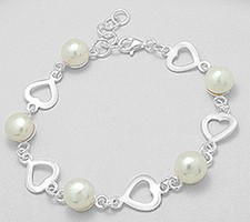 Solid Sterling Silver Heart Cultured Pearl Bracelet 10g 10mm wide Fits 7"-8"