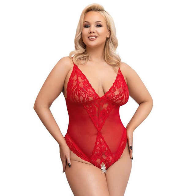 Sexy Damen Body Rot XL - 4XL Übergröße Schritt offen Spitze Einteiler "Anettey"