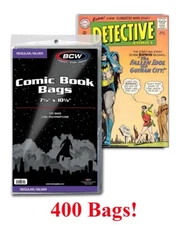 400 BCW Regular / Silver Comic Book Bags Safe Storage Sleeve 7 1/8 x 10.5 2 Mil