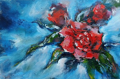 Rote Rosen Ölgemälde Abstrakt Blumen Floral Kunstwerk Signiert Handgemalt
