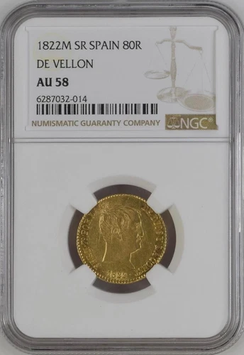 SPAIN , GOLD 80 REALES 1822 M DE VELLON - NGC AU 58 , RARE8
