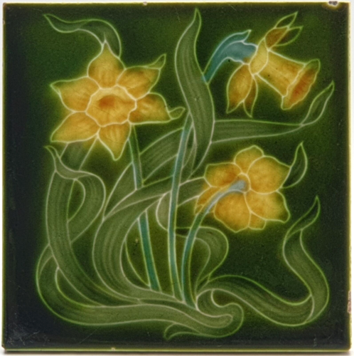 Art Nouveau Tile Green Daffodils Henry Richards Tile Company C1907 AE7 - Picture 1 of 3