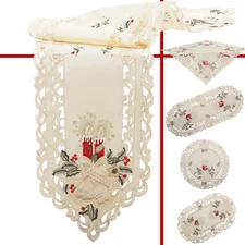 Christmas Tablecloth Table runners Doily Placemats Cream Red Candle Embroidery