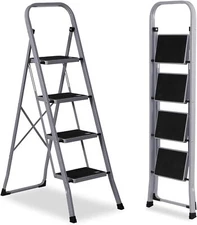 4 Step Ladder with Convenient Handgrip Anti-Slip Sturdy & Wide Pedal 330lbs Gray