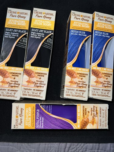 FIVE NEW Creme Of Nature Pure Honey-2 Black; 2 Blue & 1 Purple. Shipping Inc
