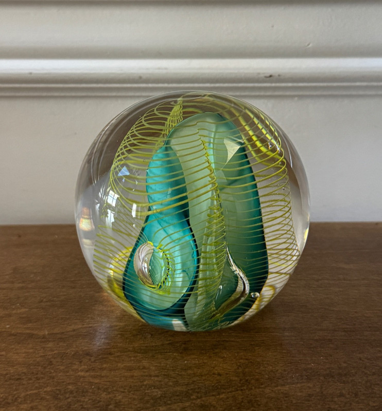 VINTAGE HAL DAVID BERGER SIGNED STUDIO ART GLASS PAPERWEIGHT TEAL GREEN YELLOW