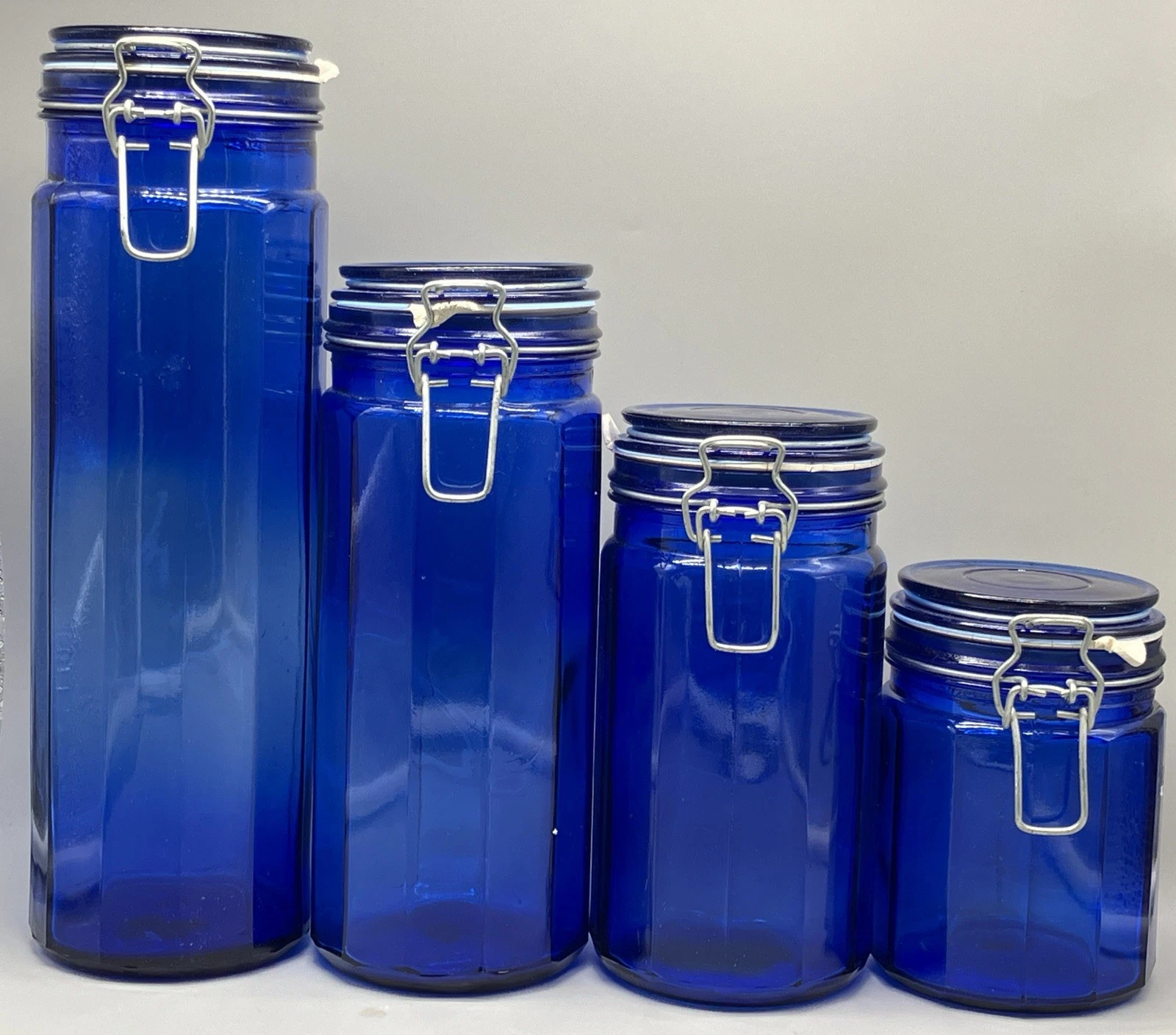 Vintage Set Of 4 Cobalt Blue Glass Wire Bale Closure Pasta Jars Food Canisters