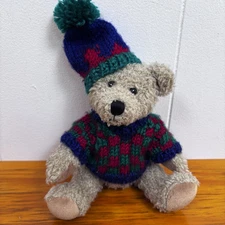 VTG Hugfun Int'l Brown Jointed Teddy Bear Sweater & Hat Plush Stuffed Animal Toy