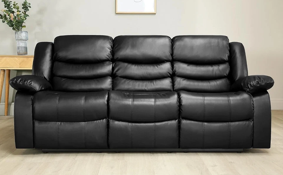 Divano 3 Posti Relax in Pelle Nera con Portabicchieri – Soggiorno Moderno - Imagen 2 de 4