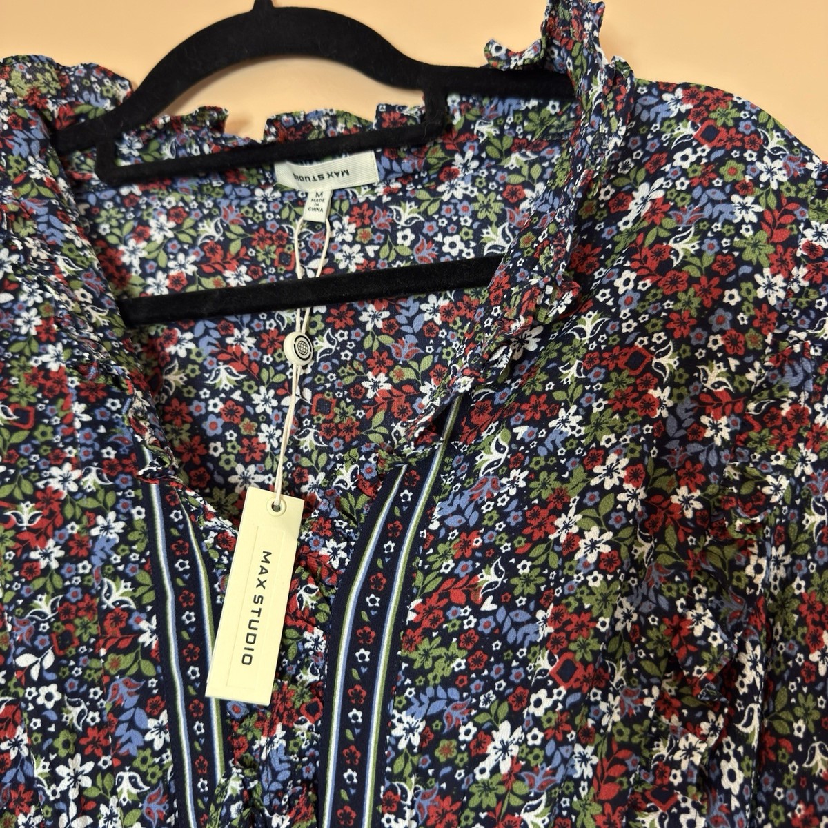 Max Studio Floral Smocked Tiered Midi Dress Navy Multi Ruffle Sleeve 8910C68 M View 4