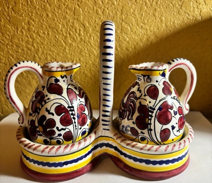Deruta Fima Orvieto Red Rooster Italy Oil & Vinegar Cruet w/ Holder Hand Painted