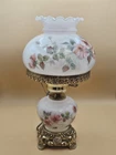 Vintage Gone W the Wind parlor lamp, milk glass shade/base, floral rose pattern