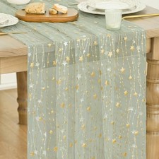 Stars Gauze Table Runner 10FT, Glitter Metallic Foil 28" x 120" Sage Green